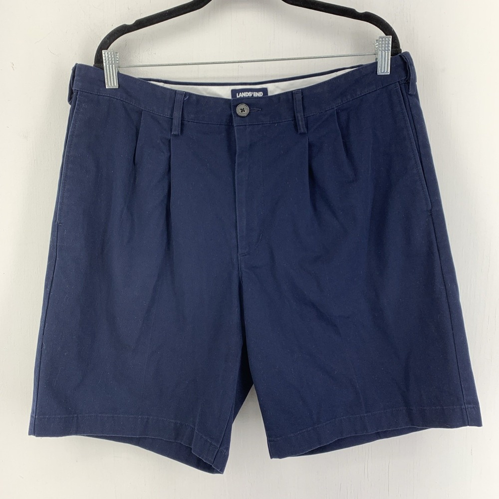 Lands End Mens 36 Traditional Fit Pleated Chino Shorts Elastic Waist Preppy Blue